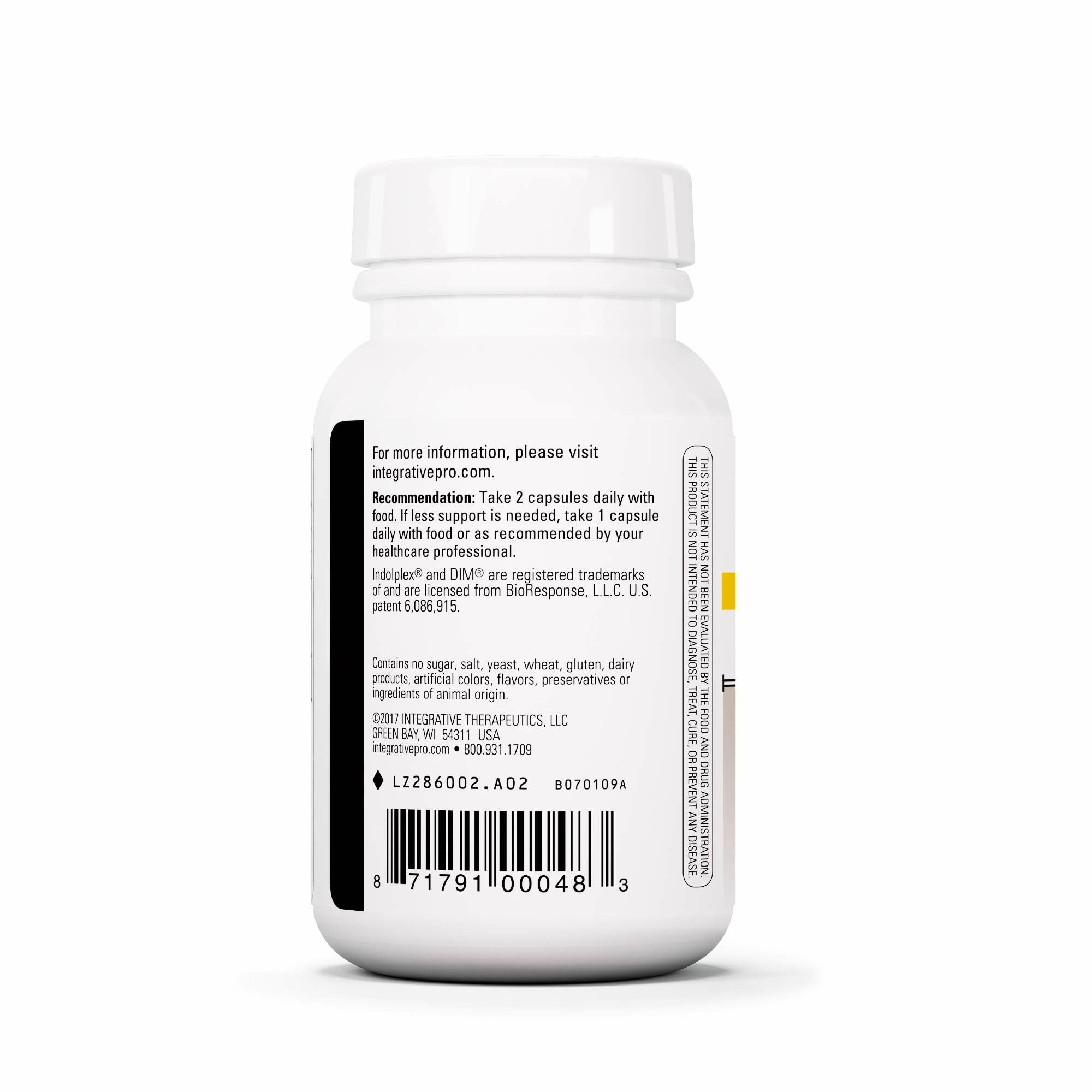Integrative Therapeutics Indolplex label detail highlighting gluten-free and dairy-free formulation.