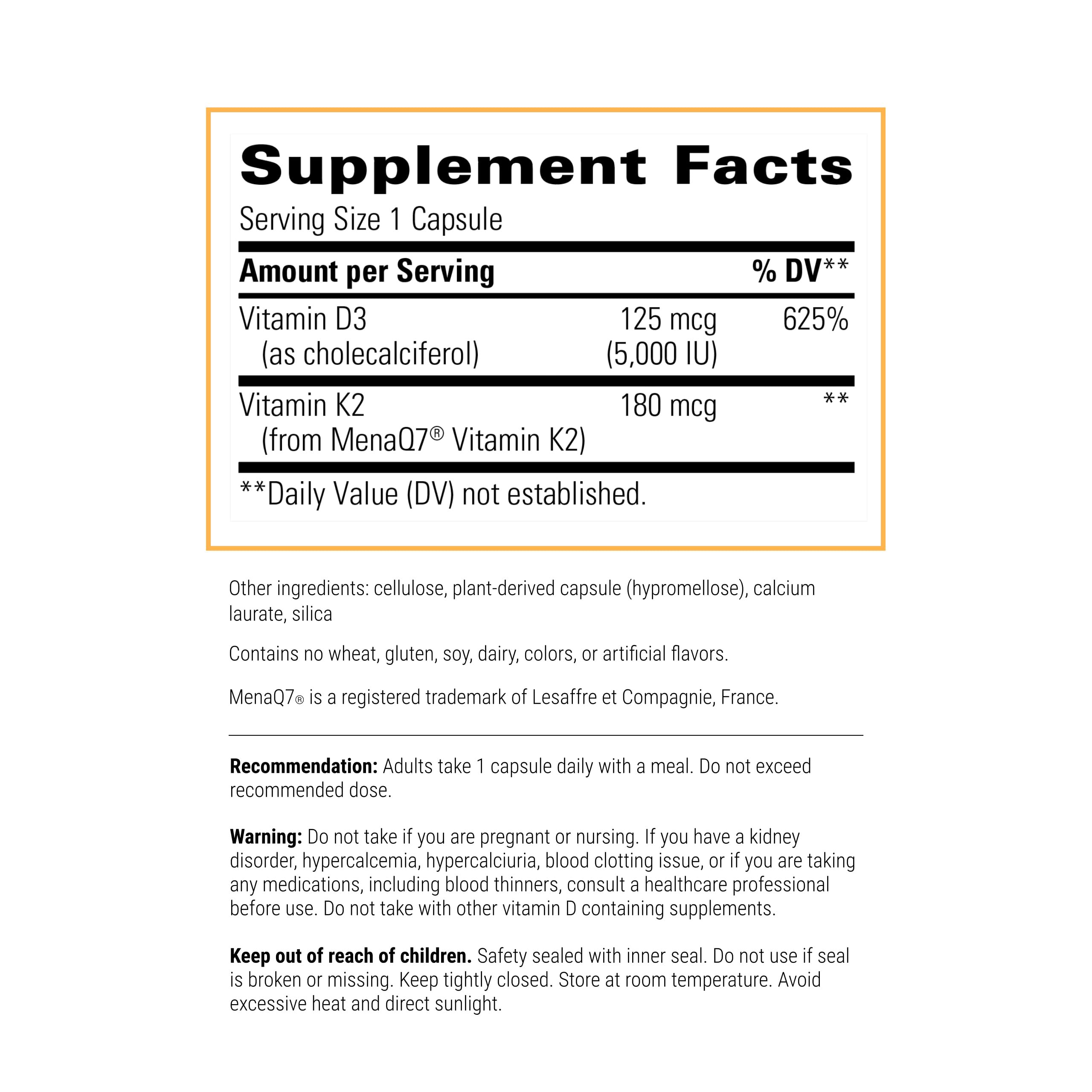 Close-up of bottle label highlighting MenaQ7 vitamin K2 and vitamin D3