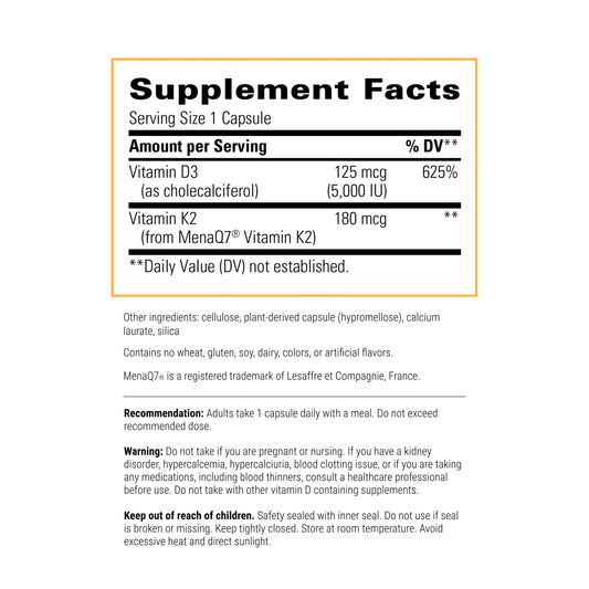 Close-up of bottle label highlighting MenaQ7 vitamin K2 and vitamin D3