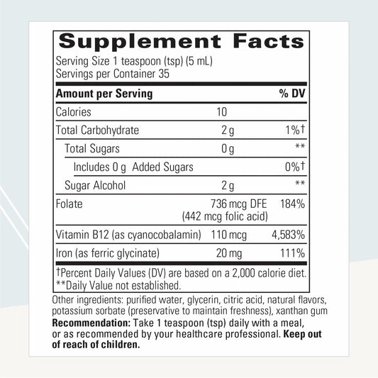 Close-up of the Liquid Iron label showing ingredients and vitamin content