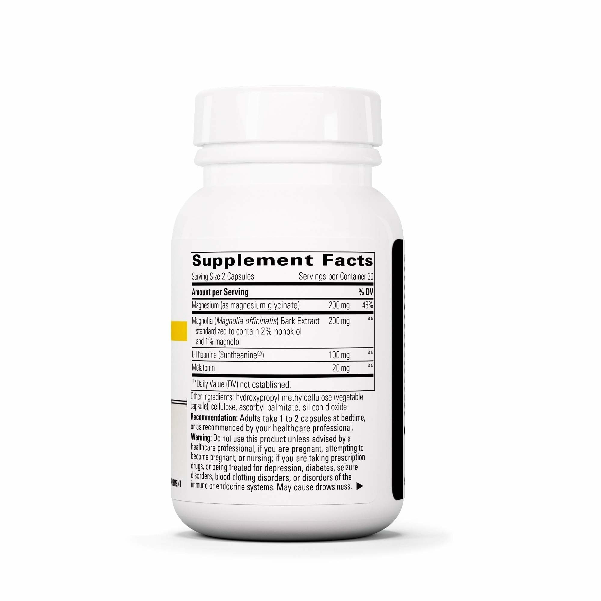 Ingredients list featuring melatonin, magnesium bisglycinate, and Suntheanine