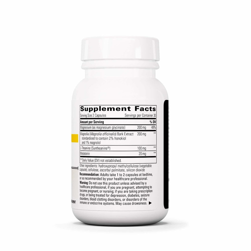 Ingredients list featuring melatonin, magnesium bisglycinate, and Suntheanine