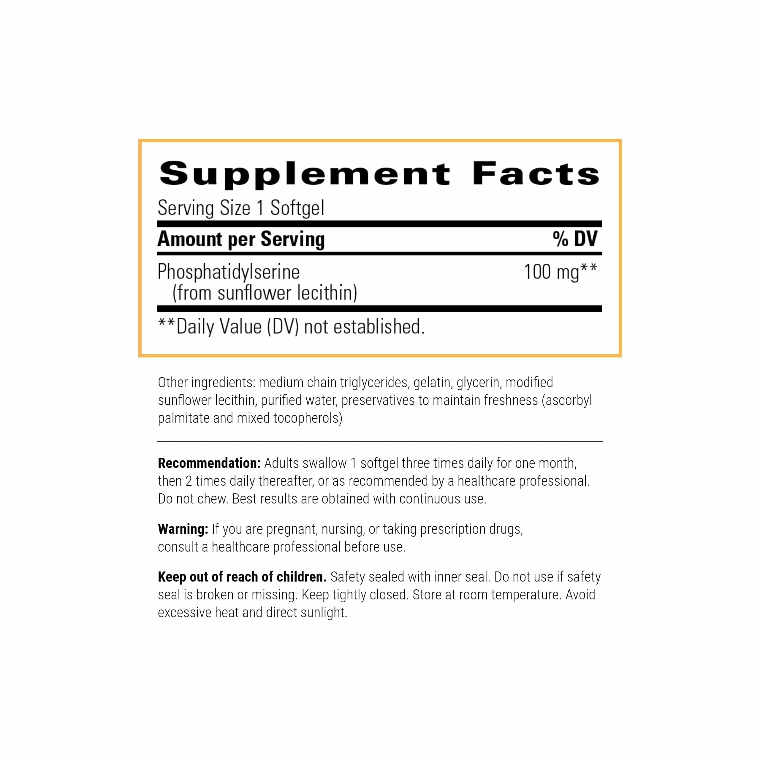 Phosphatidylserine softgels shown with bottle label – Brain Function