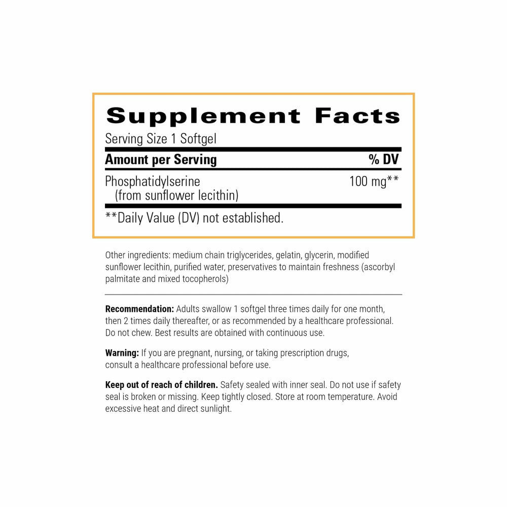 Phosphatidylserine softgels shown with bottle label – Brain Function