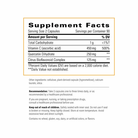 Close-up of Vitamin C with Quercetin bottle focusing on ingredients