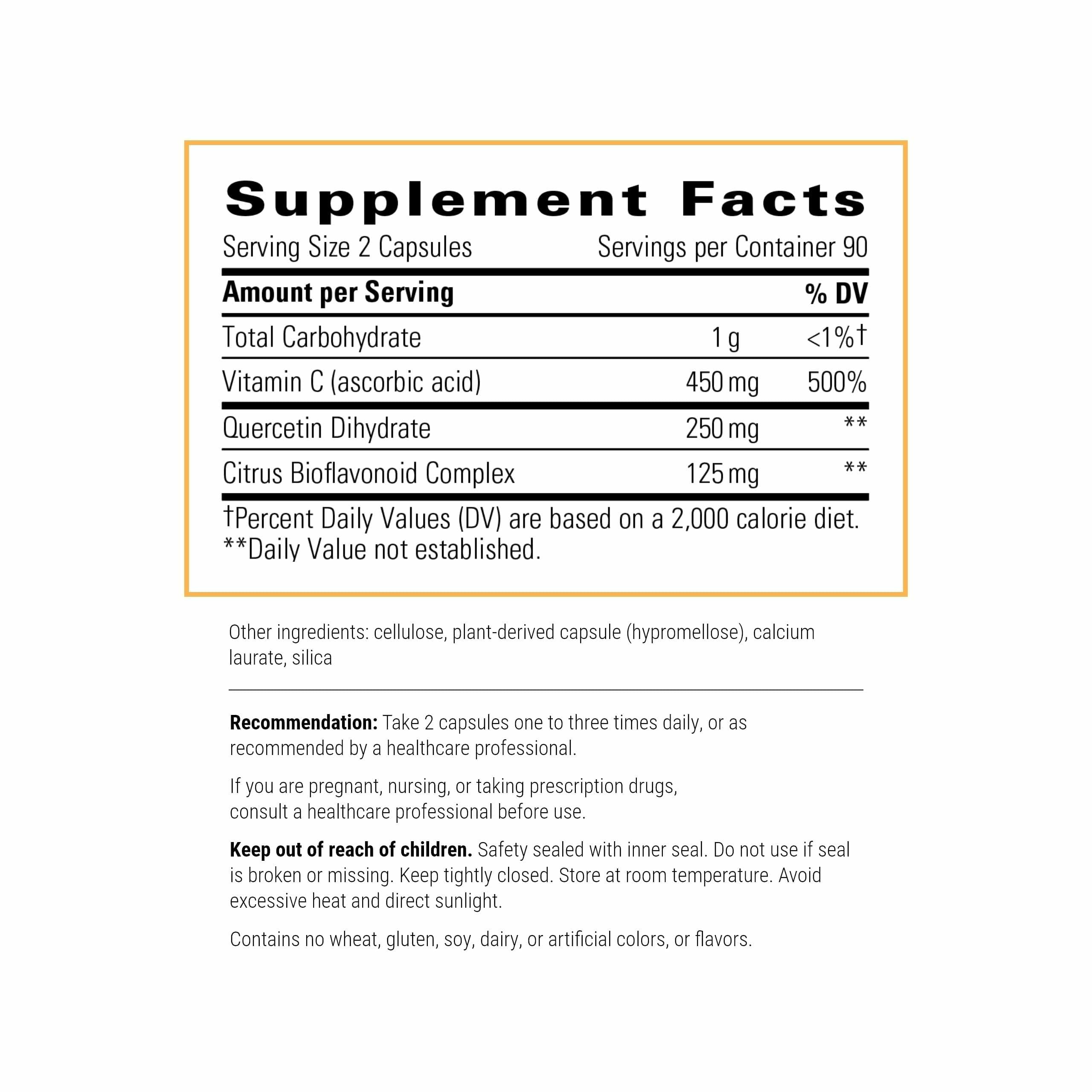 Integrative Therapeutics bottle label detail highlighting quercetin and citrus bioflavonoids.