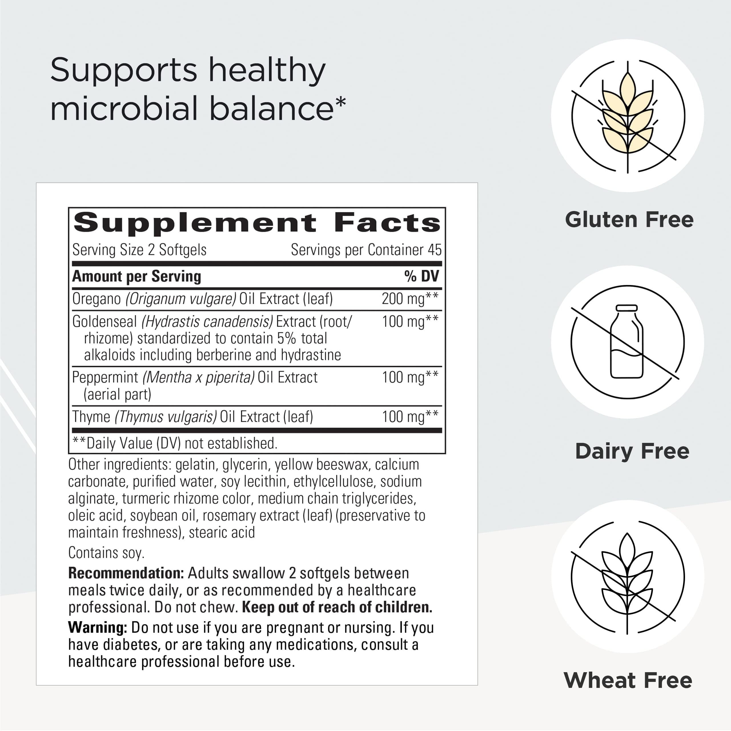 Herbal blend ingredients including oregano, goldenseal, peppermint, and thyme