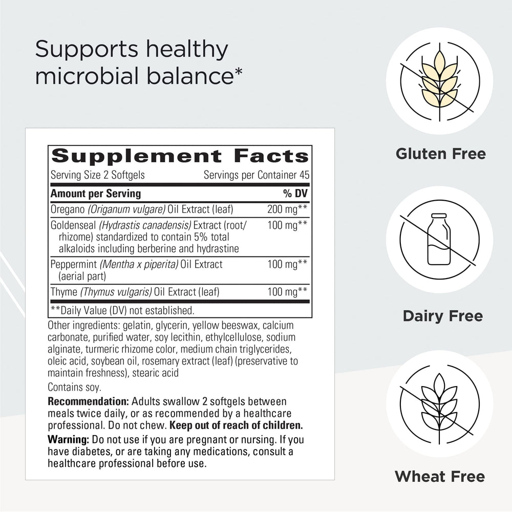Herbal blend ingredients including oregano, goldenseal, peppermint, and thyme