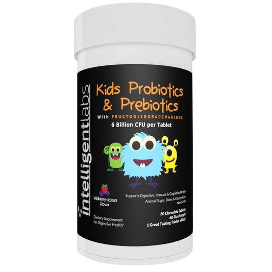 Intelligent Labs Kids Probiotic bottle showing 60-day supply with Sunfiber and FOS