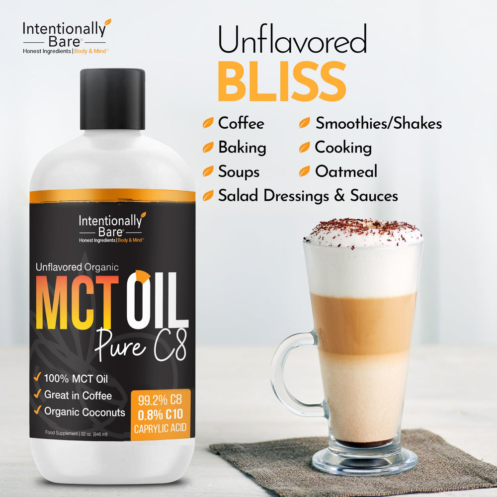 Intentionally Bare Pure C8 MCT Oil bottle highlights organic purity for coffee.