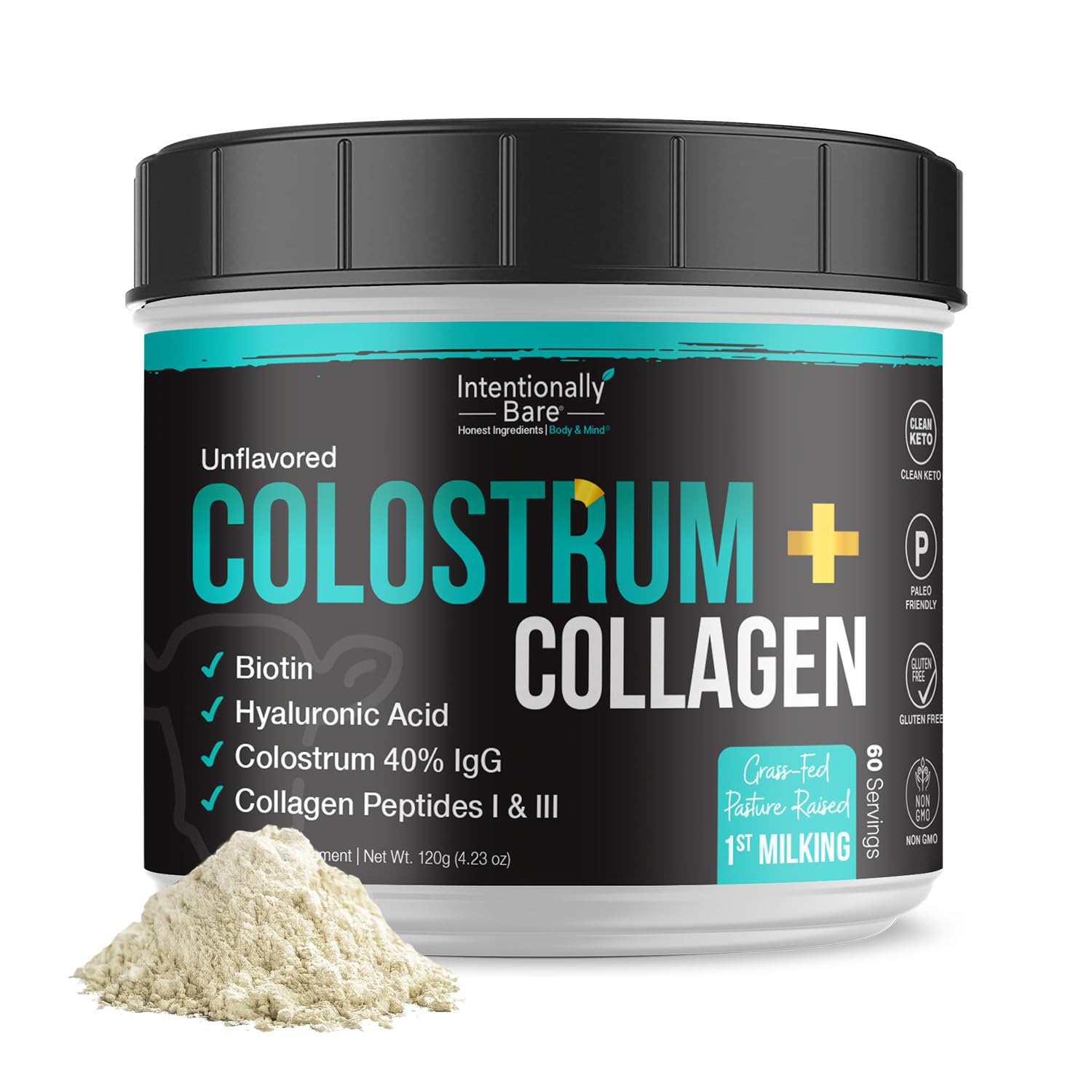 Product tub labeled Intentionally Bare Colostrum and Collagen Powder