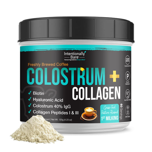 Canister of Intentionally Bare Colostrum and Collagen Powder with coffee flavor