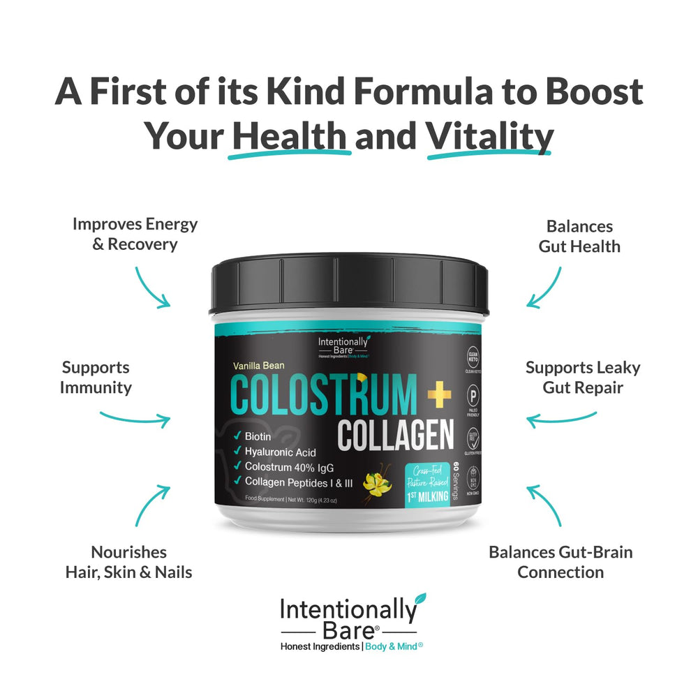 Close-up of grass-fed colostrum powder and collagen peptides
