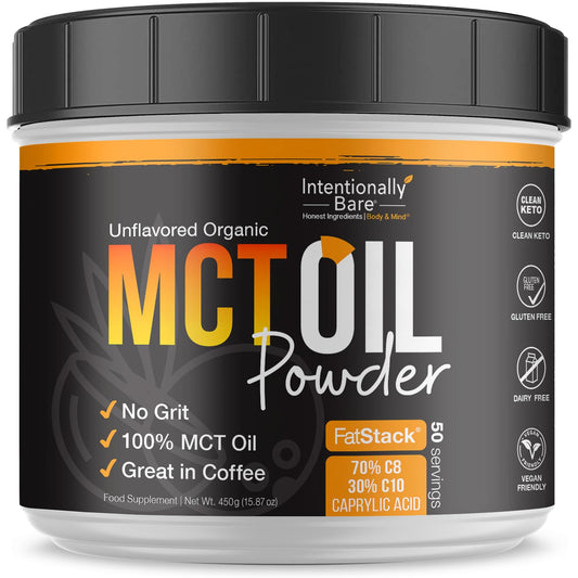 Bottle of Intentionally Bare Keto MCT Oil Powder on kitchen counter