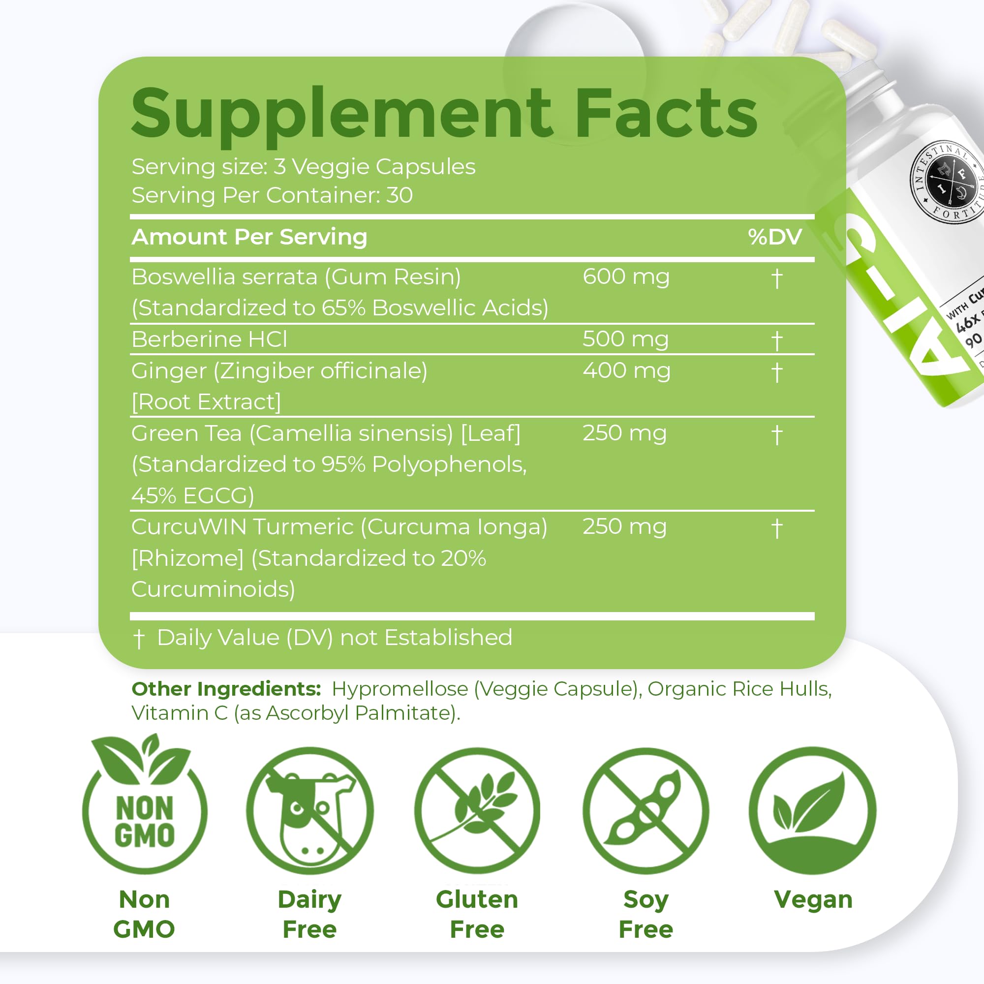 Intestinal Fortitude AI-5 digestive bottle on shelf emphasizing non-GMO, dairy-free formula.