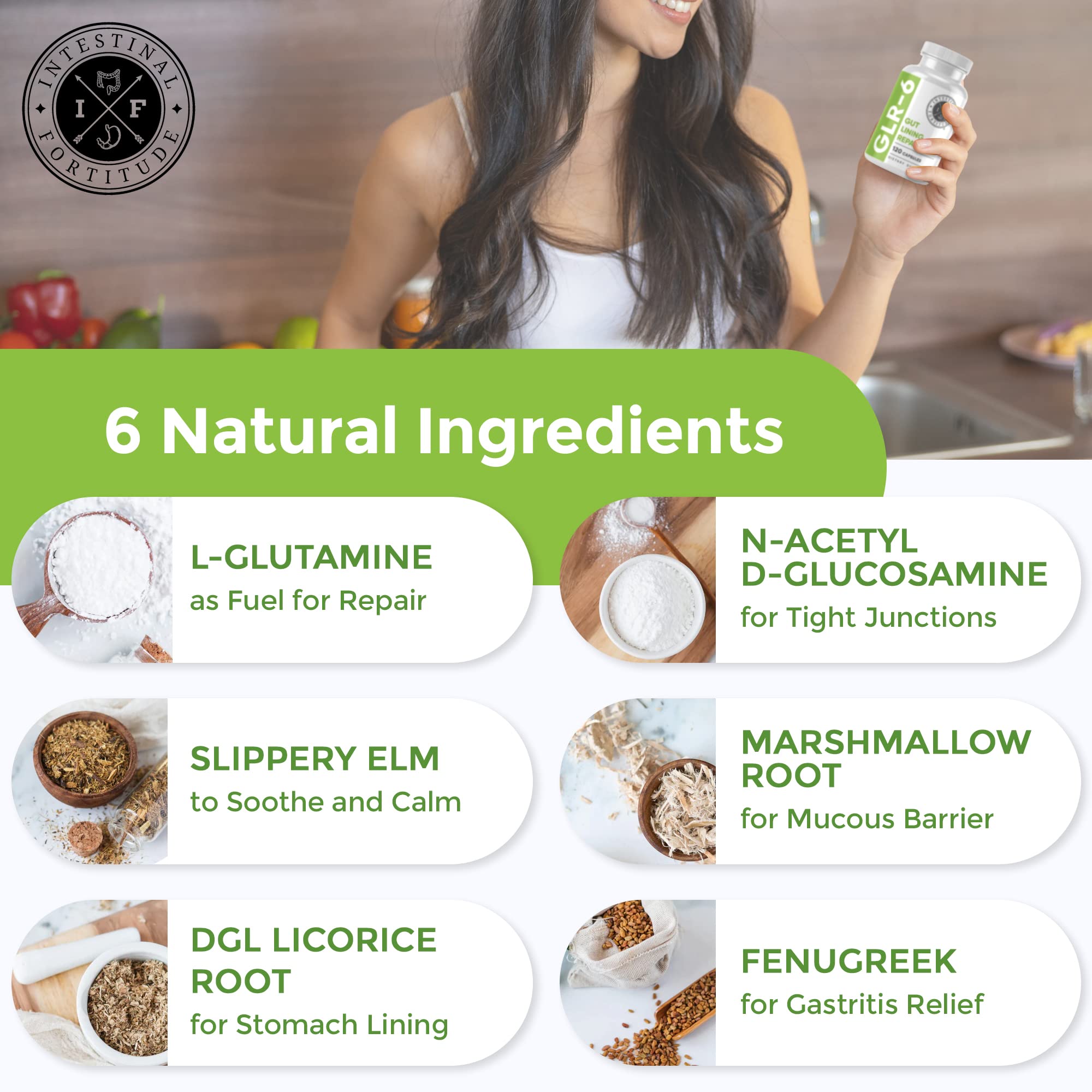 Intestinal Fortitude GLR-6 ingredients panel shows L-glutamine and botanical actives.