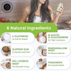 Intestinal Fortitude GLR-6 ingredients panel shows L-glutamine and botanical actives.