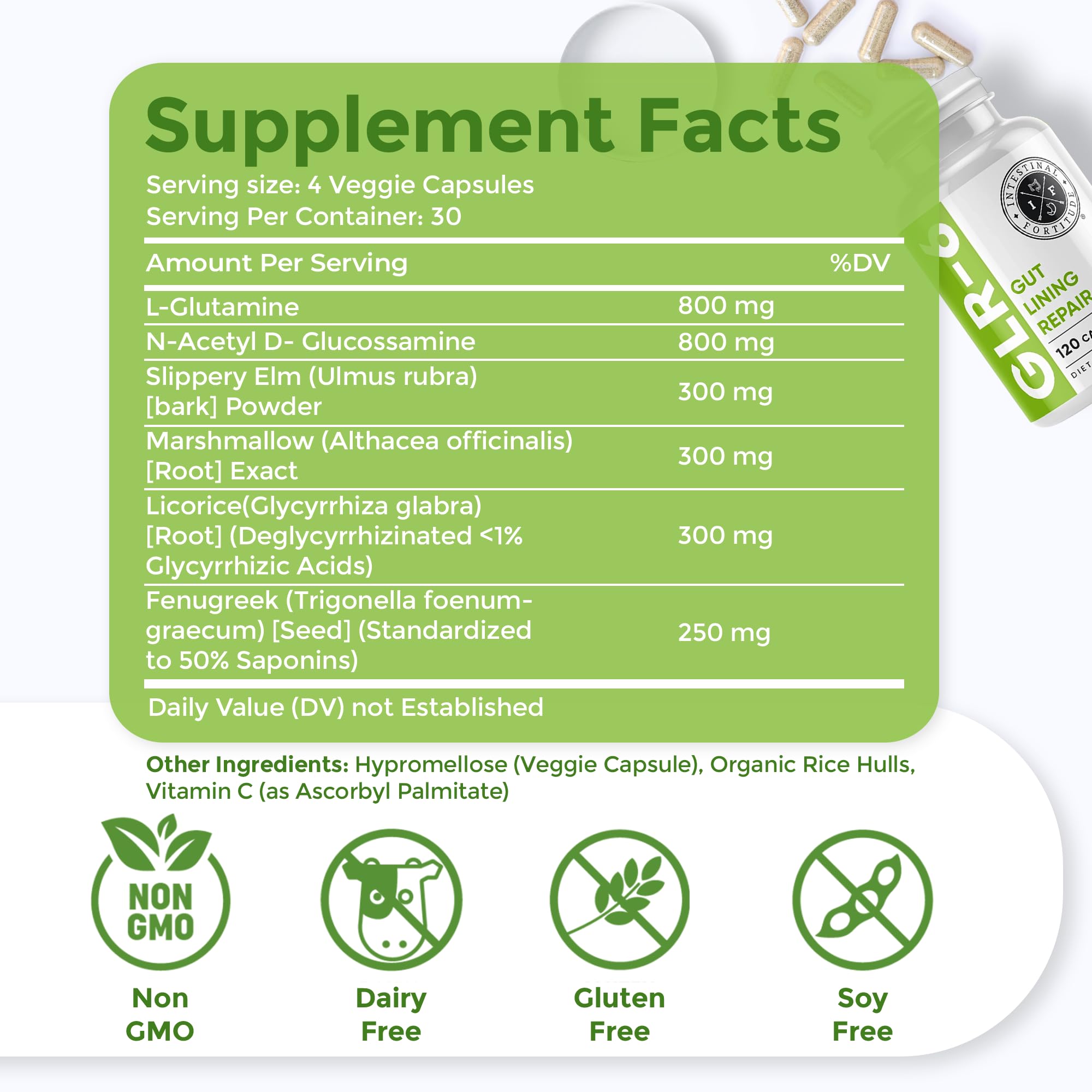 Intestinal Fortitude GLR-6 label closeup highlighting natural gut-support ingredients.