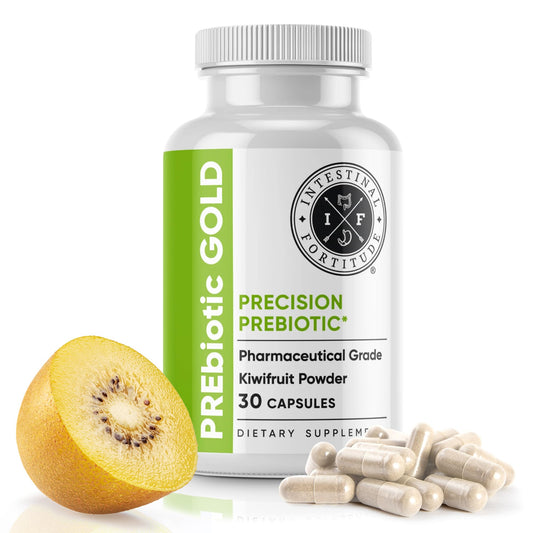Intestinal Fortitude PREbiotic Gold bottle with kiwifruit illustration