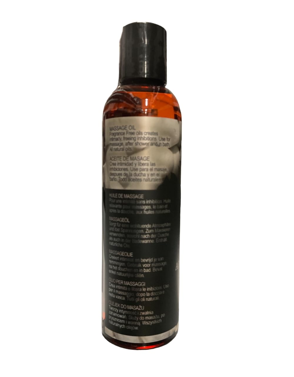 4 oz bottle with massage oil texture on a neutral background