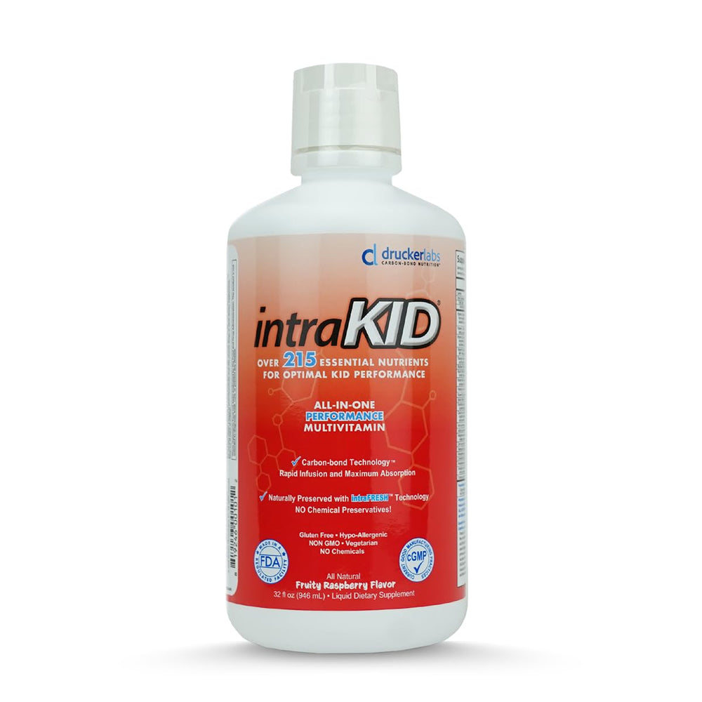 Bottle of intraKID Organic Liquid Multivitamin for Kids in Fruity Raspberry flavor (32 oz).