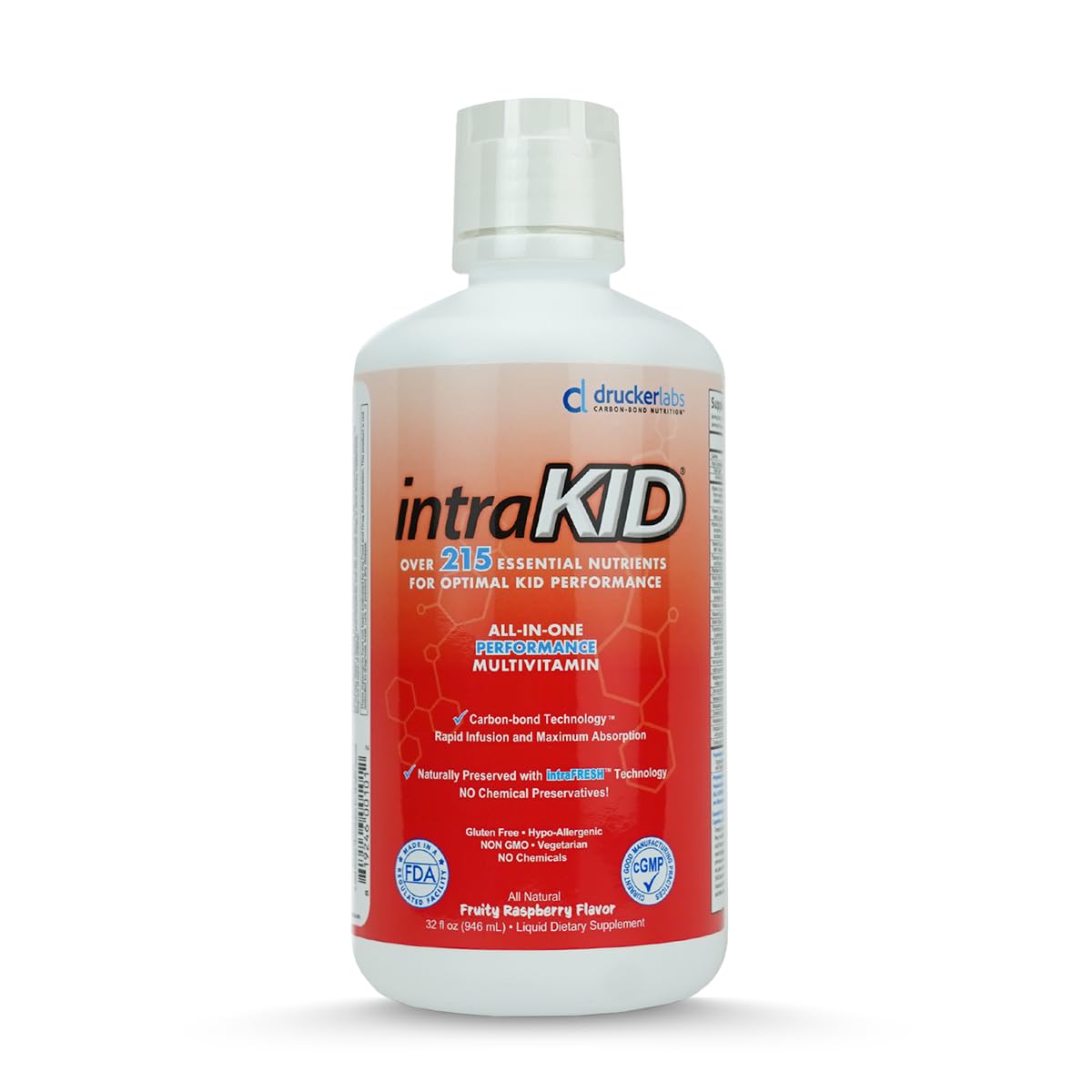 Bottle of intraKID Organic Liquid Multivitamin for Kids in Fruity Raspberry flavor (32 oz).