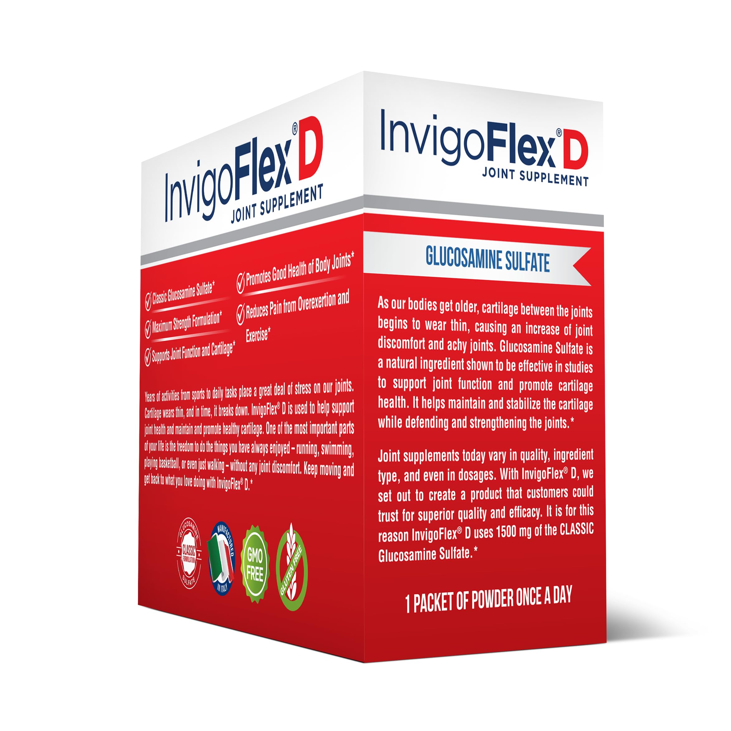 Single InvigoFlex D glucosamine sulfate packet on white background