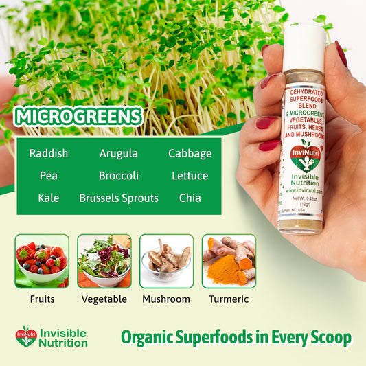 Ingredients: organic microgreens, fruits, vegetables, mushrooms, turmeric