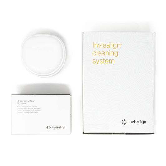 Close-up of cleaning tub and sachets for Invisalign crystals