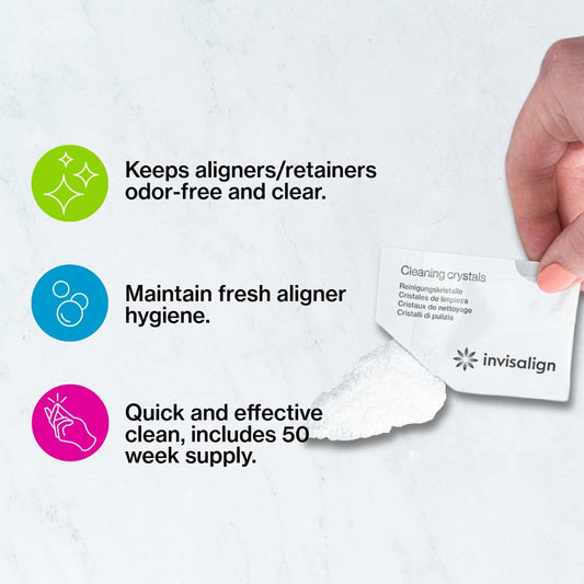 In use of Invisalign Cleaning Crystals with aligners in a container