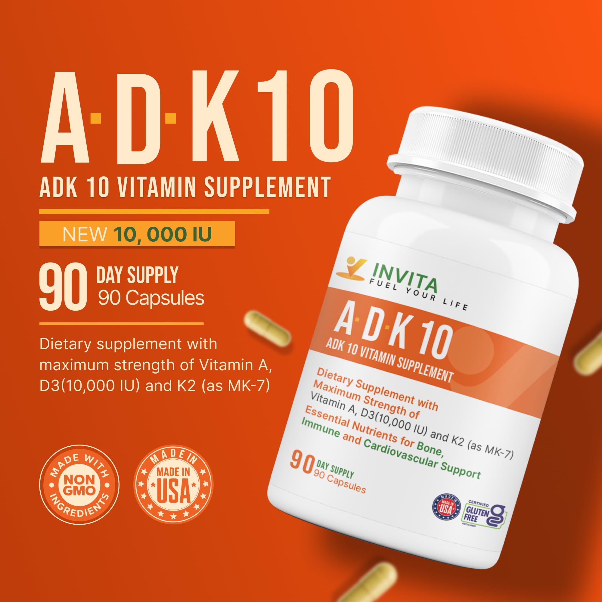 90 capsule bottle of INVITA ADK 10 vitamin supplement on white background
