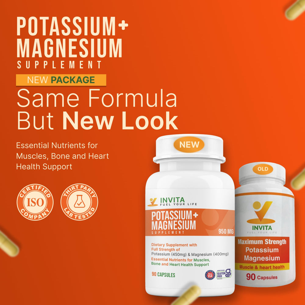 Close-up of white capsules from Invita potassium magnesium supplement.