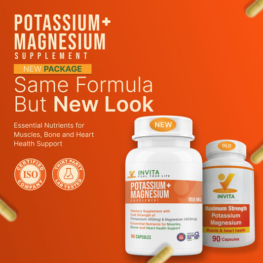 Close-up of white capsules from Invita potassium magnesium supplement.