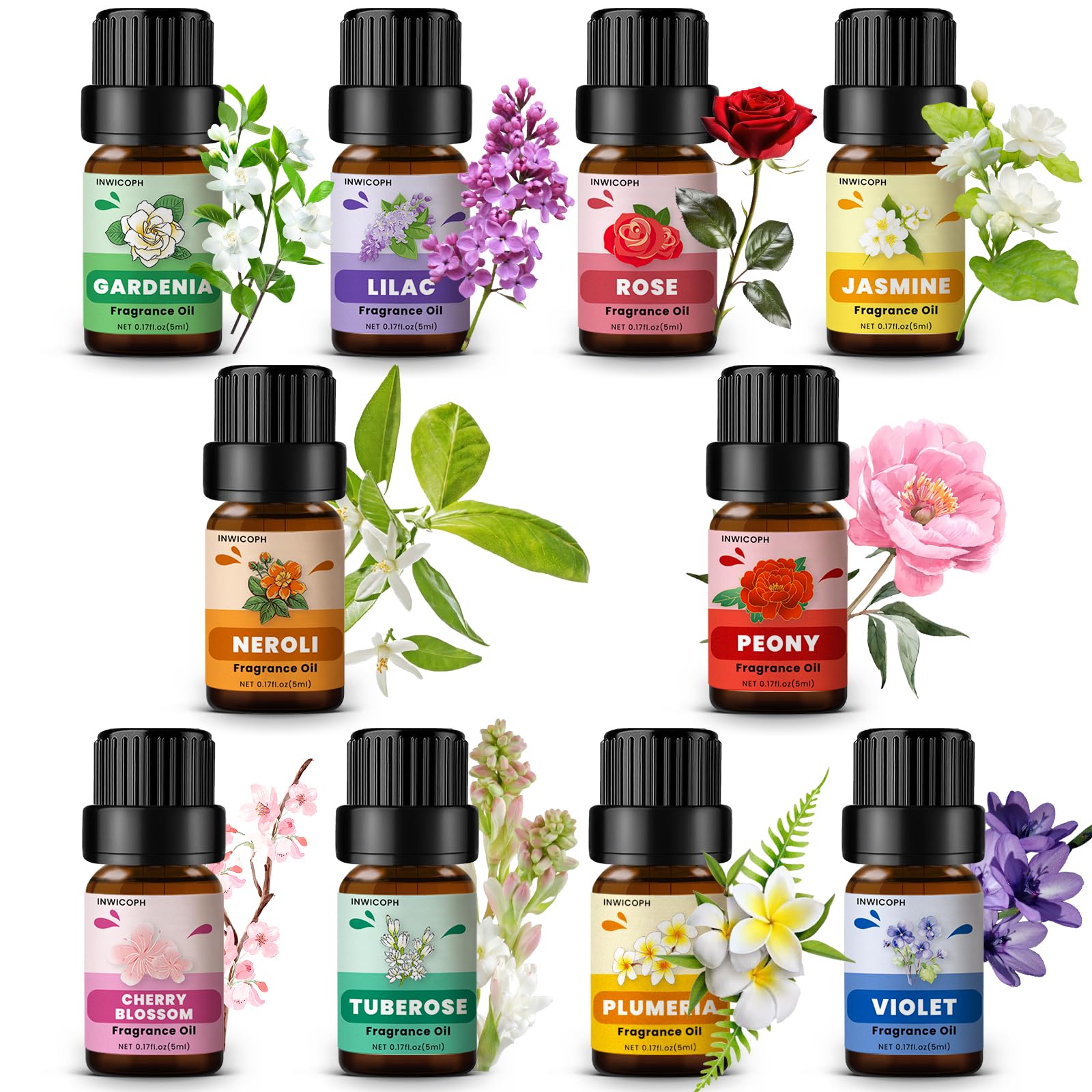 INWICOPH Floral Oils peony gift-pack display close-up for gifting.