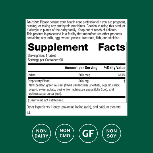 Close-up of Iodomere label highlighting 200 mcg iodine per tablet