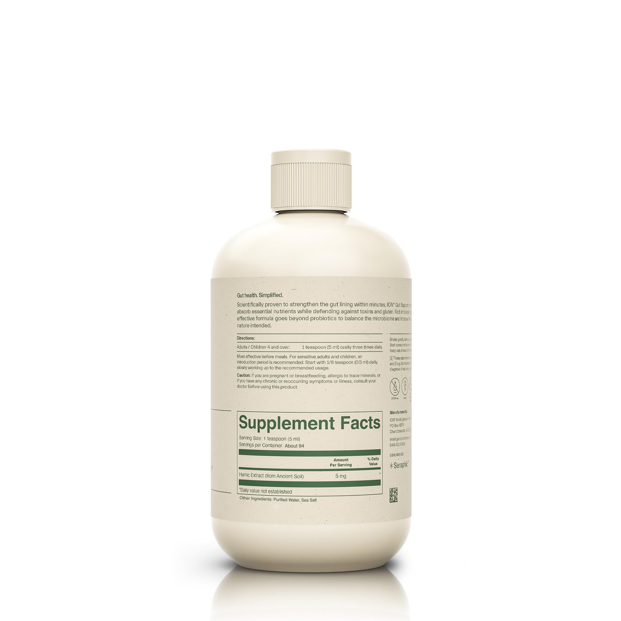 ION* Gut Support bottle back label with usage tips and ingredients.