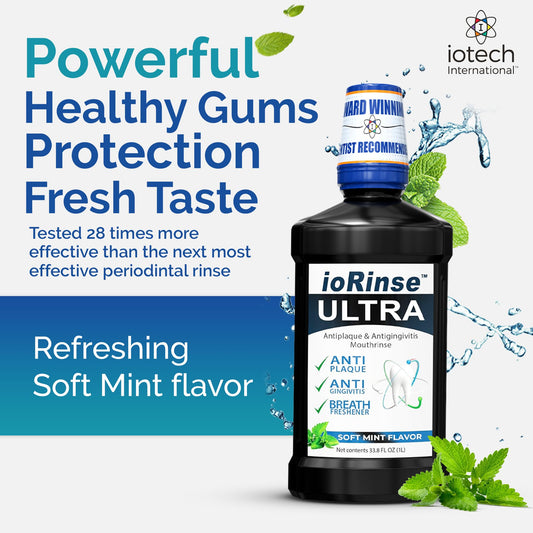 Close-up of ioRinse Ultra Mouthwash bottle