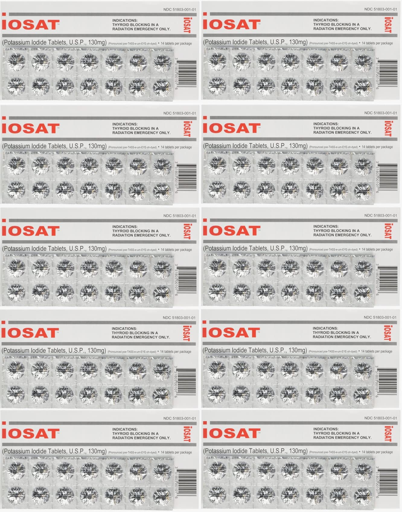 iOSAT Potassium Iodide 130 mg tablets — 14 tablets per pack (10 packs total)