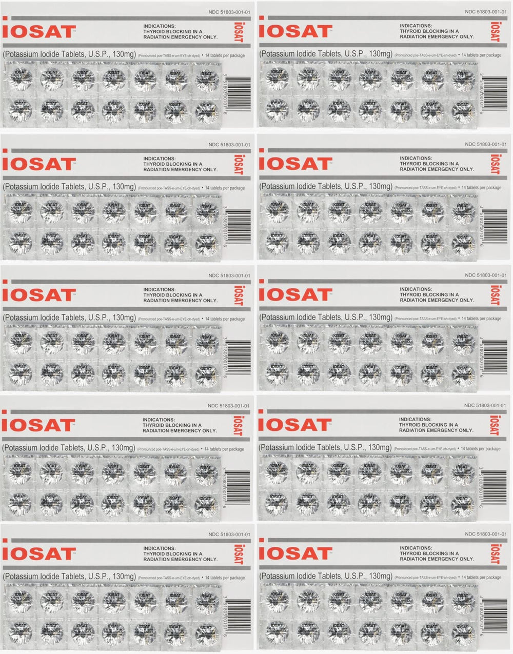iOSAT Potassium Iodide 130 mg tablets — 14 tablets per pack (10 packs total)