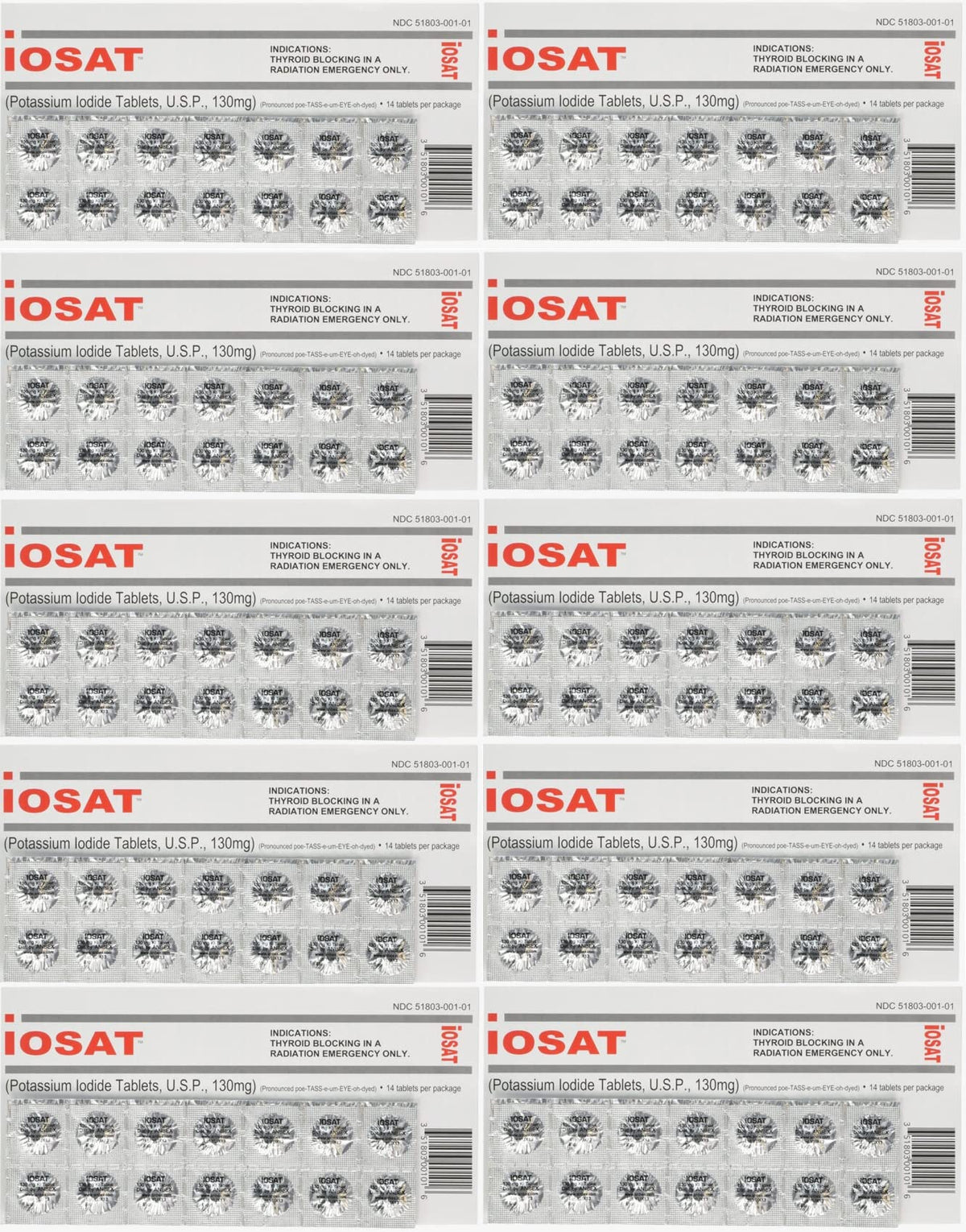 iOSAT Potassium Iodide 130 mg tablets — 14 tablets per pack (10 packs total)