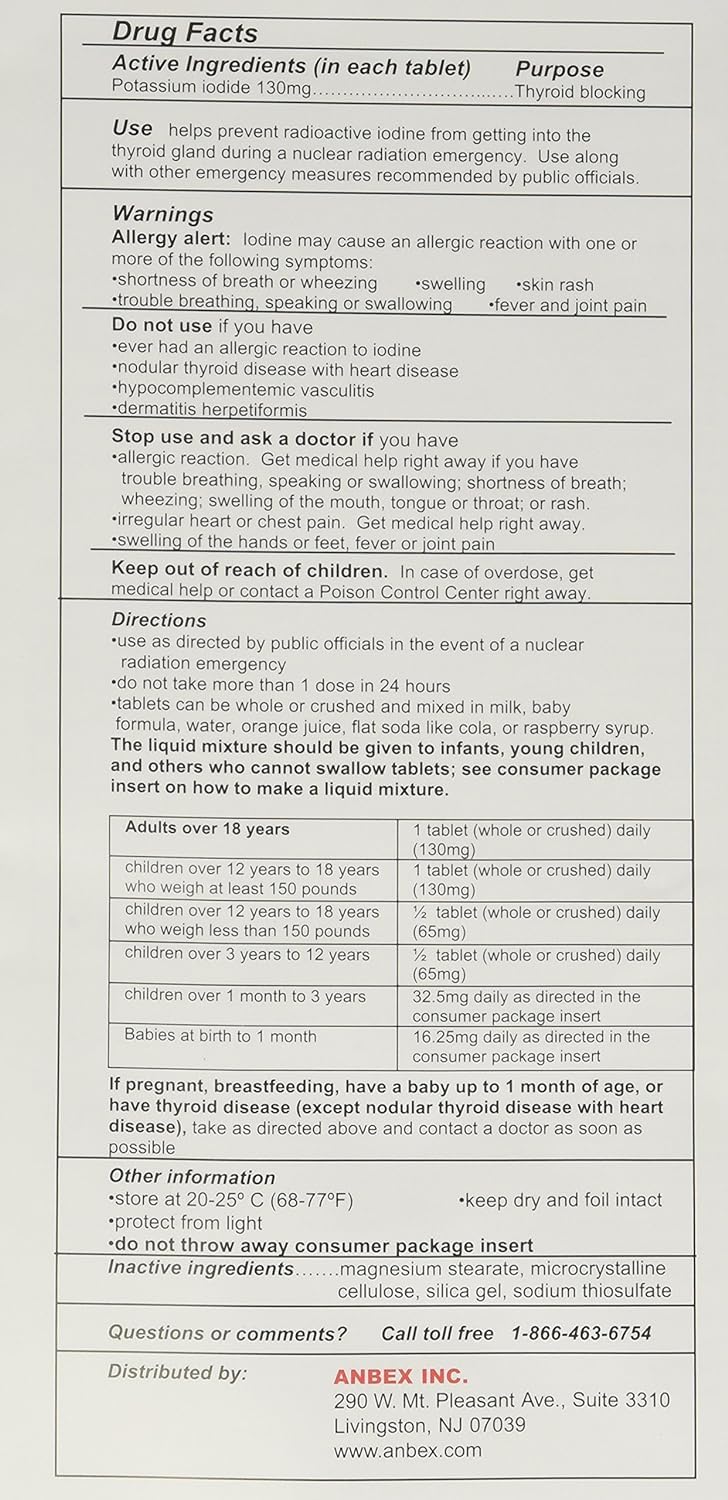 Blister pack and bottle of iOSAT 130 mg potassium iodide tablets – 10 packs