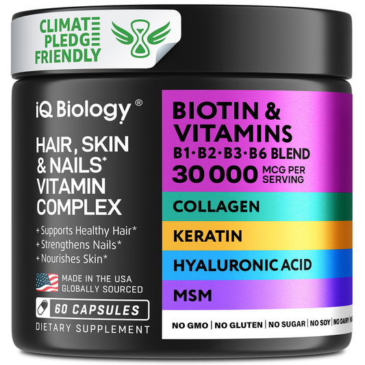 IQ BIOLOGY Biotin Collagen Keratin supplement bottle and capsules