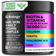 IQ BIOLOGY Biotin Collagen Keratin supplement bottle and capsules