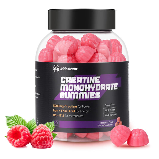 Bottle of IRIDESICENT Creatine Monohydrate Gummies Raspberry flavor, 90-count