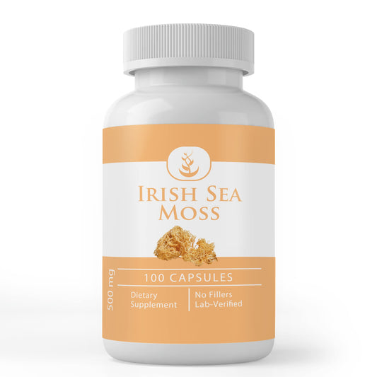 Bottle of PURE ORIGINAL INGREDIENTS Irish Sea Moss capsules, front view