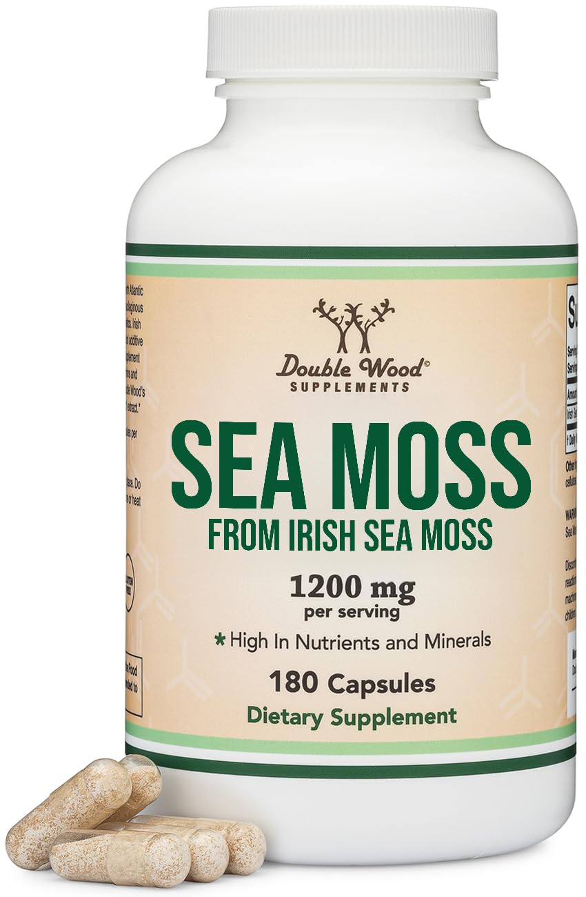 Bottle of Irish Sea Moss Capsules, 180-count, 1200mg per serving