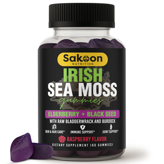 Bottle of Irish Sea Moss Gummies with Elderberry and Black Seed Oil on a wooden surface