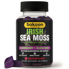 Bottle of Irish Sea Moss Gummies with Elderberry and Black Seed Oil on a wooden surface