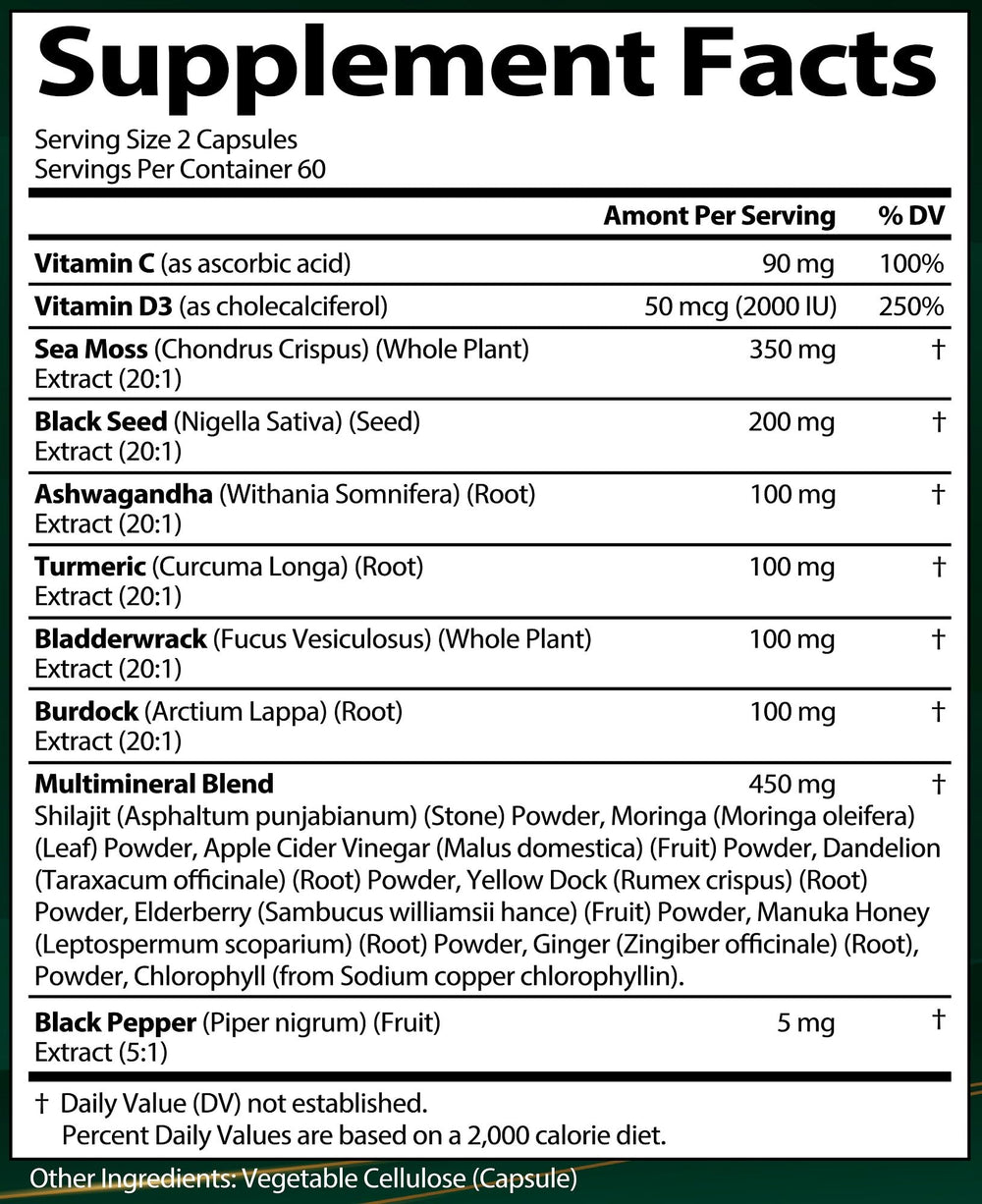 Irish sea moss pills bottle label and packaging