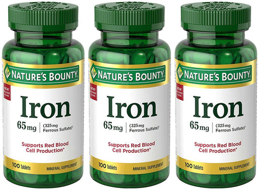 Iron 65 mg supplement - 3 bottles, 100 tablets per bottle - Nature's Bounty